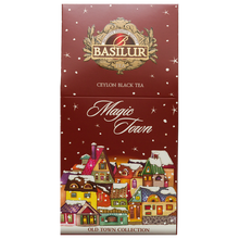 Herbata Basilur Magic Town 75 g, czerwone kartonowe opakowanie z ilustracją ośnieżonego miasteczka