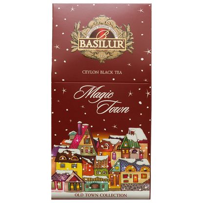 Herbata Basilur Magic Town 75 g, czerwone kartonowe opakowanie z ilustracją ośnieżonego miasteczka