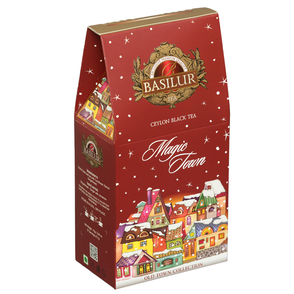 Basilur Magic Town, ozdobne pudełko herbaty 75 g w widoku z przodu i z boku