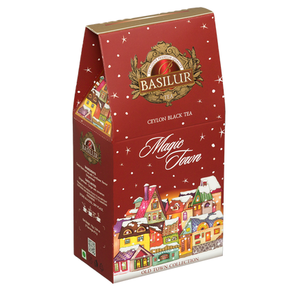 Basilur Magic Town, ozdobne pudełko herbaty 75 g w widoku z przodu i z boku