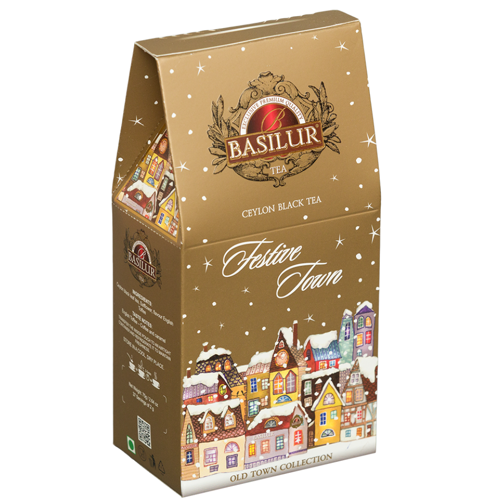 Herbata czarna Basilur Festive Town 75 g w świątecznym opakowaniu Old Town Collection.