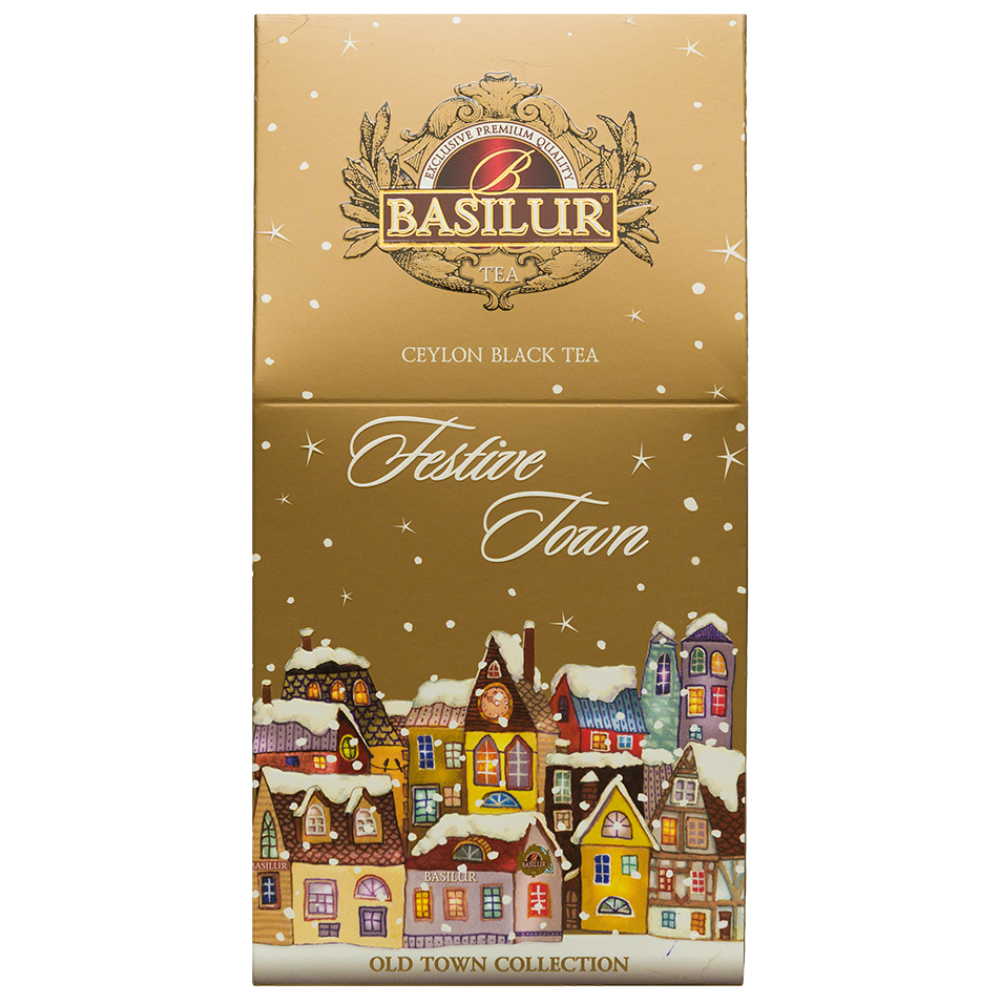 Basilur Festive Town, cejlońska czarna herbata z toffee w dekoracyjnym świątecznym opakowaniu.