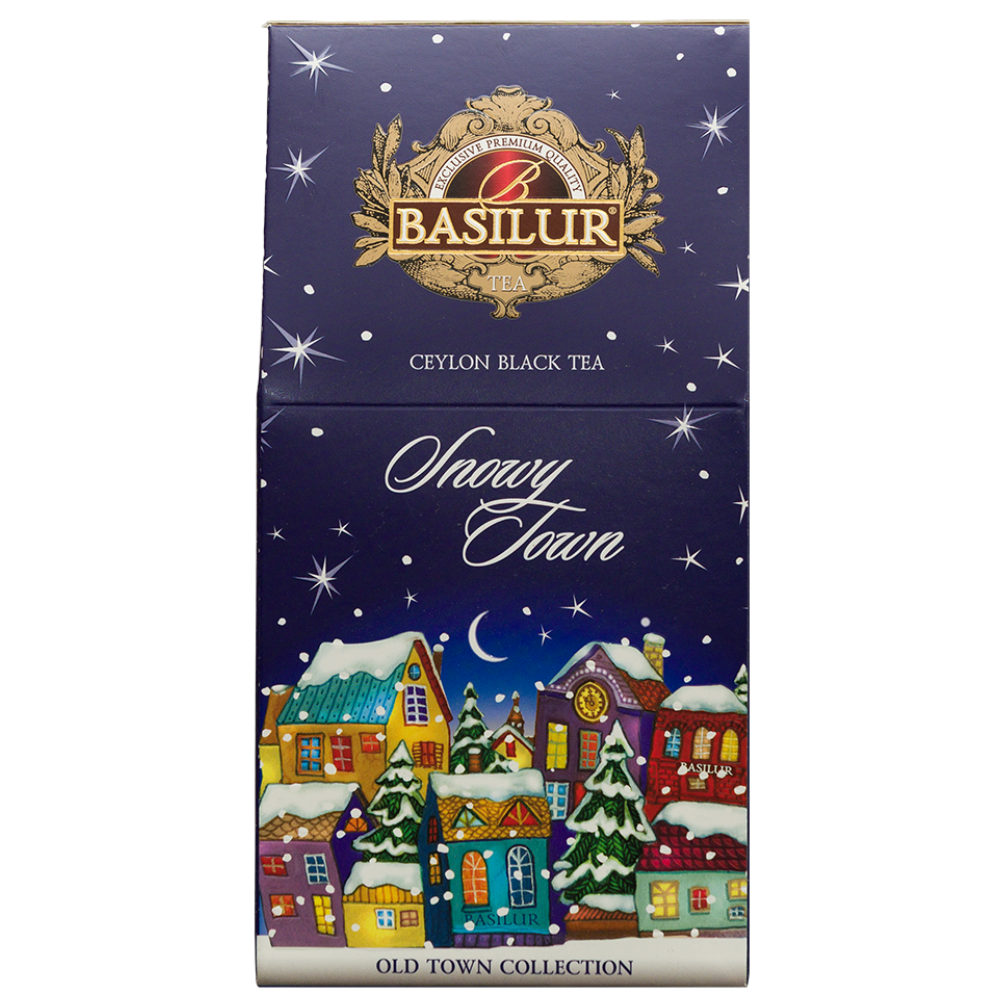 Herbata czarna Basilur Snowy Town 75 g w granatowym opakowaniu z kolekcji Old Town Collection.