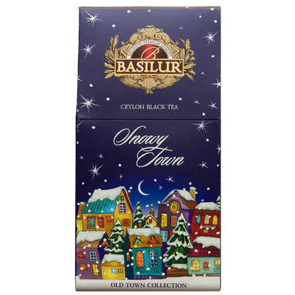 Herbata czarna Basilur Snowy Town 75 g w granatowym opakowaniu z kolekcji Old Town Collection.