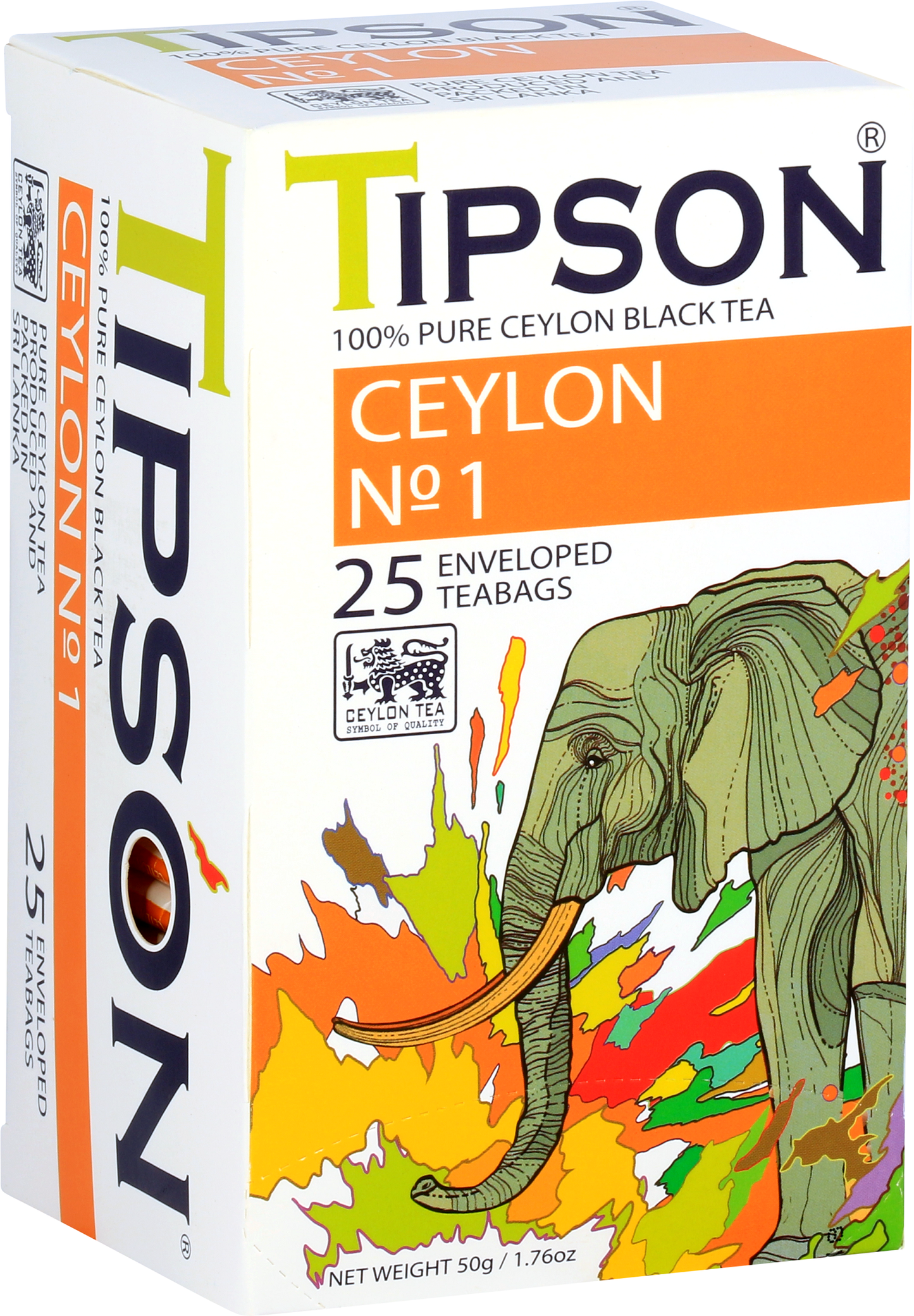 Perspektywiczny widok opakowania herbaty Tipson Ceylon No.1 z kolorową grafiką.