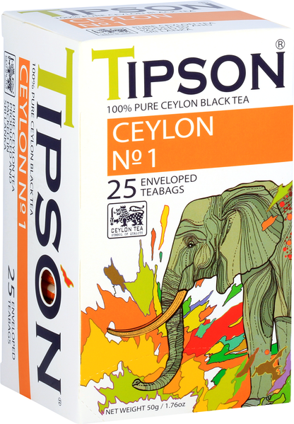 Perspektywiczny widok opakowania herbaty Tipson Ceylon No.1 z kolorową grafiką.