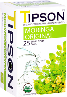 Boczny widok pudełka herbaty Tipson Moringa Original z opisem i certyfikatem ekologicznym.