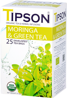 Przód pudełka herbaty Tipson Moringa & Green Tea z certyfikatem USDA Organic.