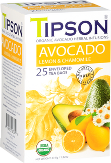 Boczny widok opakowania herbaty Tipson Avocado Lemon & Chamomile z opisem produktu.