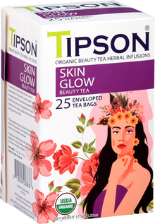 Przód pudełka herbaty Tipson Skin Glow Beauty Tea z certyfikatem USDA Organic.