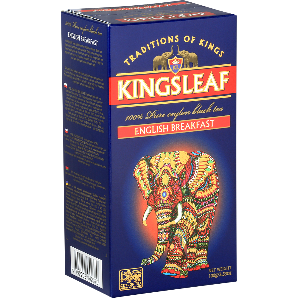 Zbliżenie na eleganckie pudełko herbaty Kingsleaf English Breakfast z kolorowym słoniem.