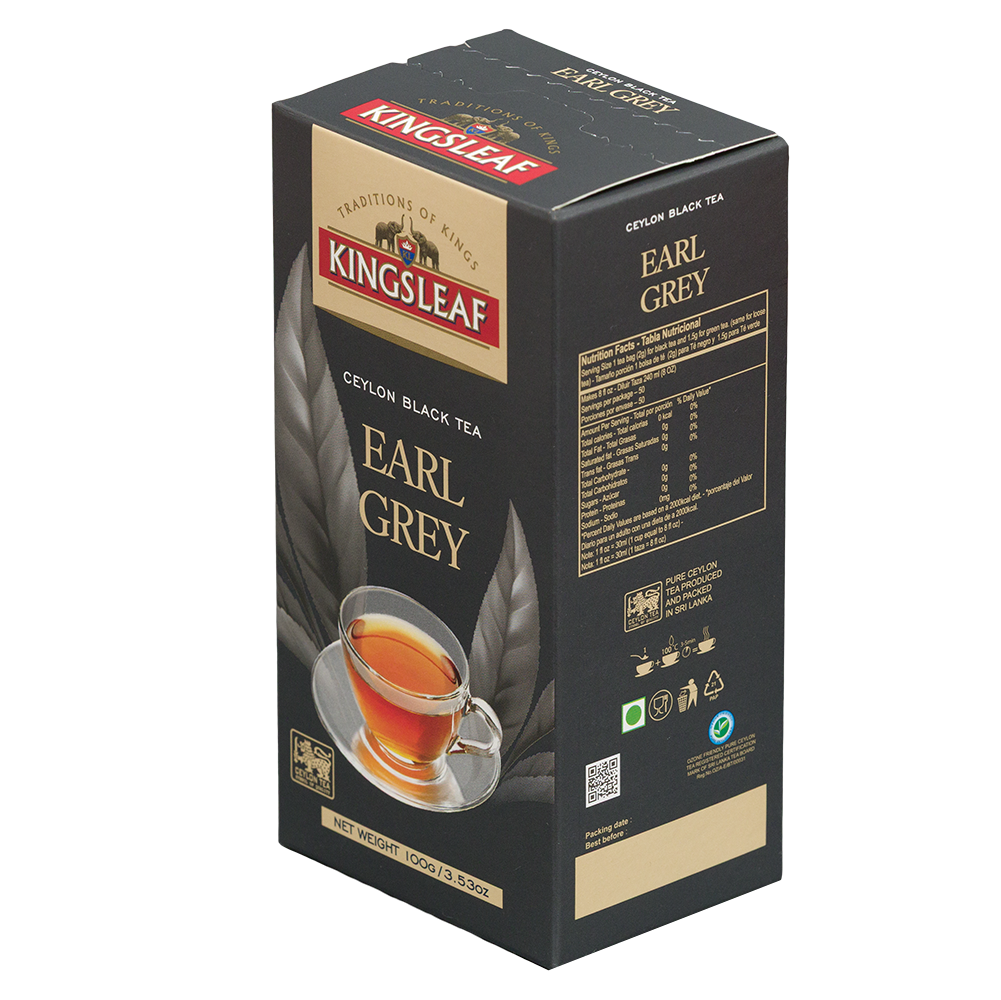 Herbata Kingsleaf Earl Grey 100 g w czarnym opakowaniu, widok z boku