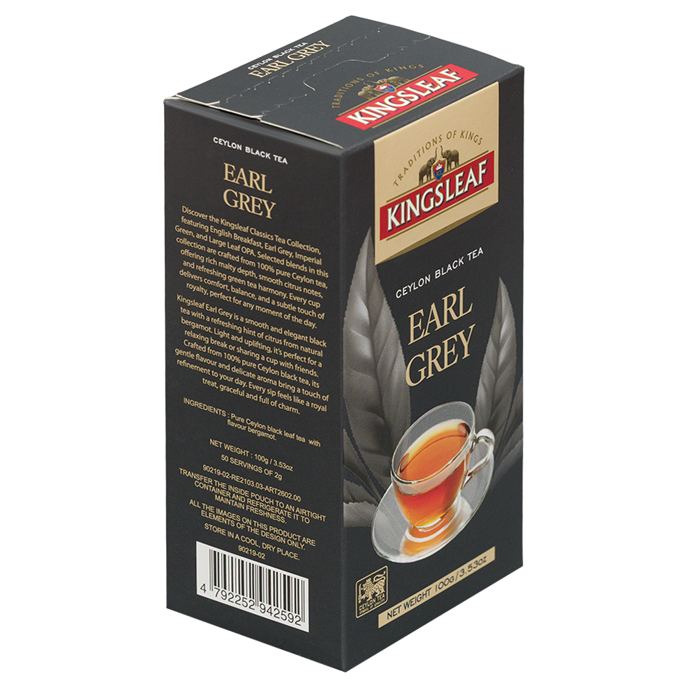 Herbata Kingsleaf Earl Grey 100 g, opakowanie z opisem i kodem kreskowym