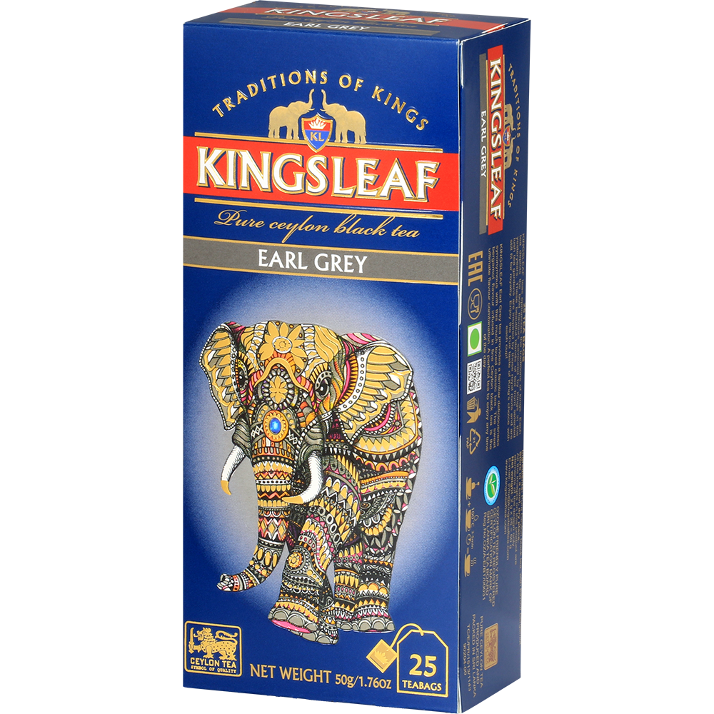 Front pudełka Kingsleaf Earl Grey z kolorowym słoniem i złotymi akcentami.