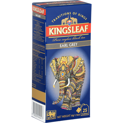 Opakowanie herbaty Kingsleaf Earl Grey wraz z pojedynczą saszetką herbaty.
