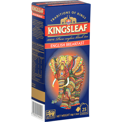 Boczne ujęcie pudełka herbaty Kingsleaf English Breakfast z informacjami o produkcie.