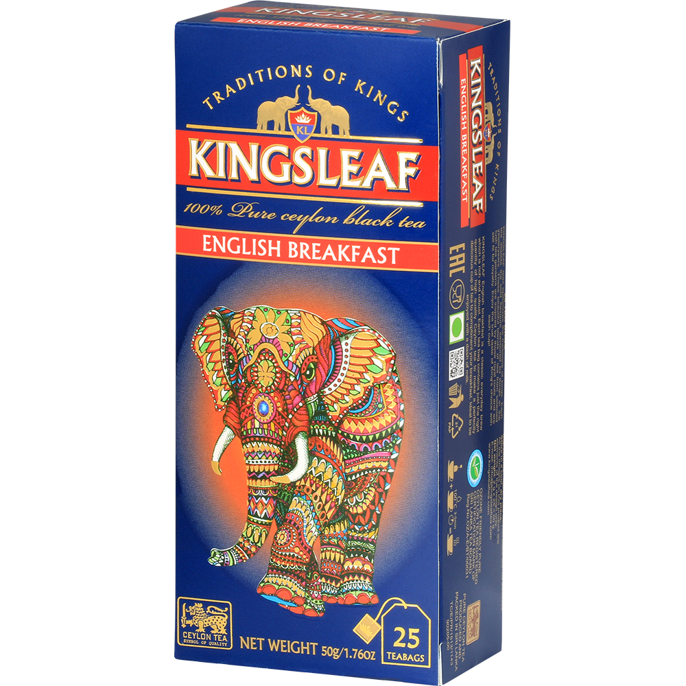 Pudełko herbaty Kingsleaf English Breakfast na stole obok filiżanki z aromatycznym naparem.