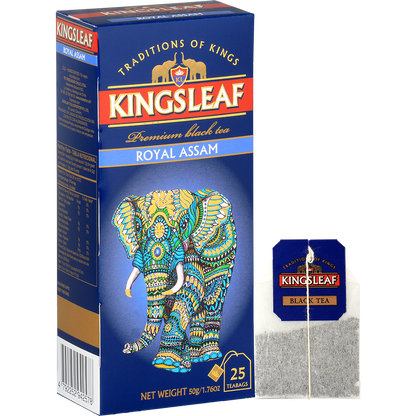 Pudełko Kingsleaf Royal Assam z pojedynczą torebką herbaty.