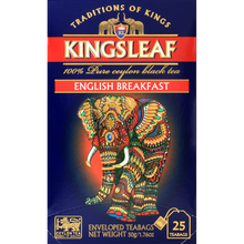 Front pudełka herbaty Kingsleaf English Breakfast z kolorowym słoniem na granatowym tle.