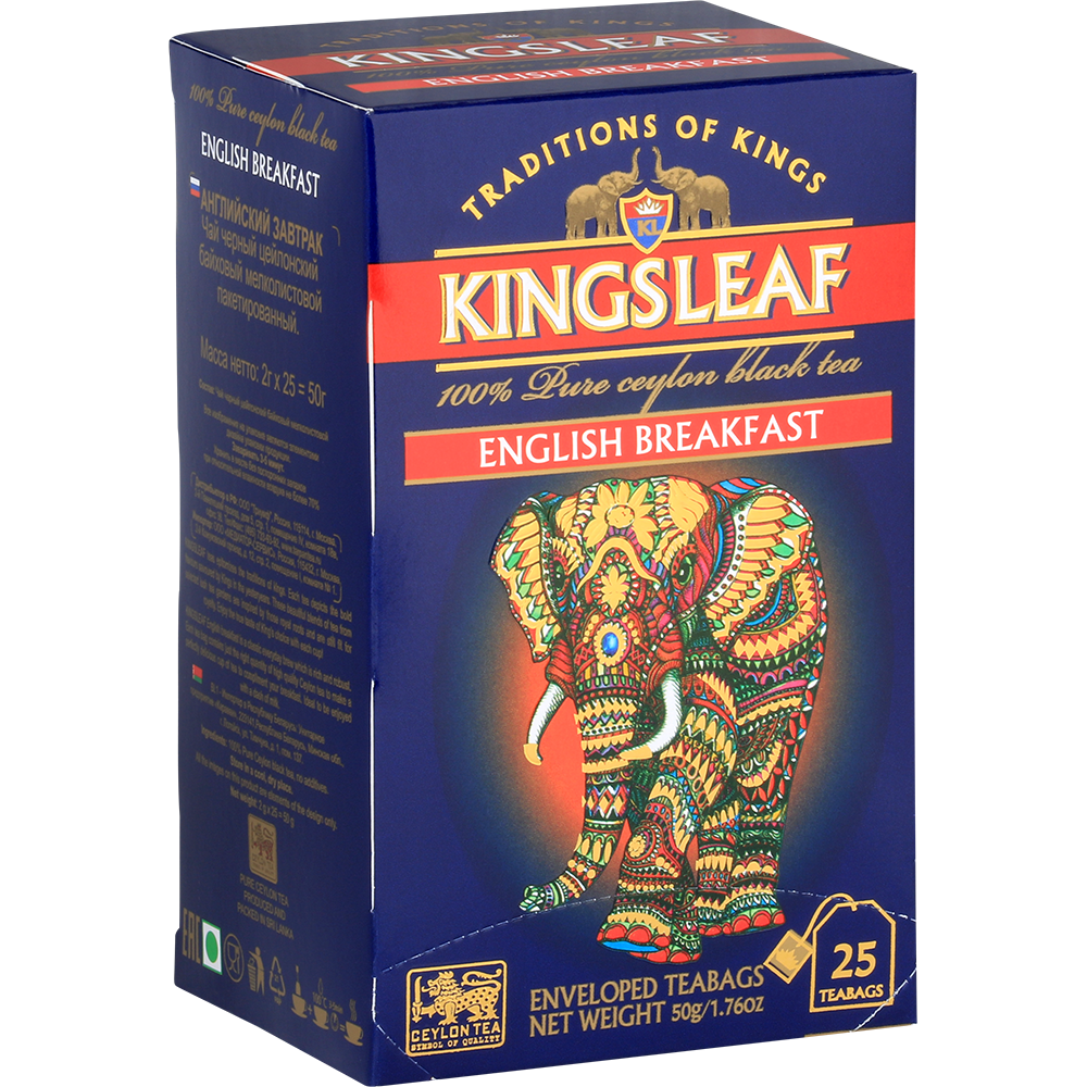 Perspektywiczne zdjęcie pudełka Kingsleaf English Breakfast 25 x 2 g podkreślające elegancki design.