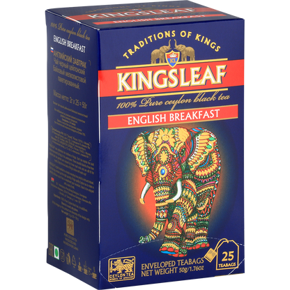 Perspektywiczne zdjęcie pudełka Kingsleaf English Breakfast 25 x 2 g podkreślające elegancki design.