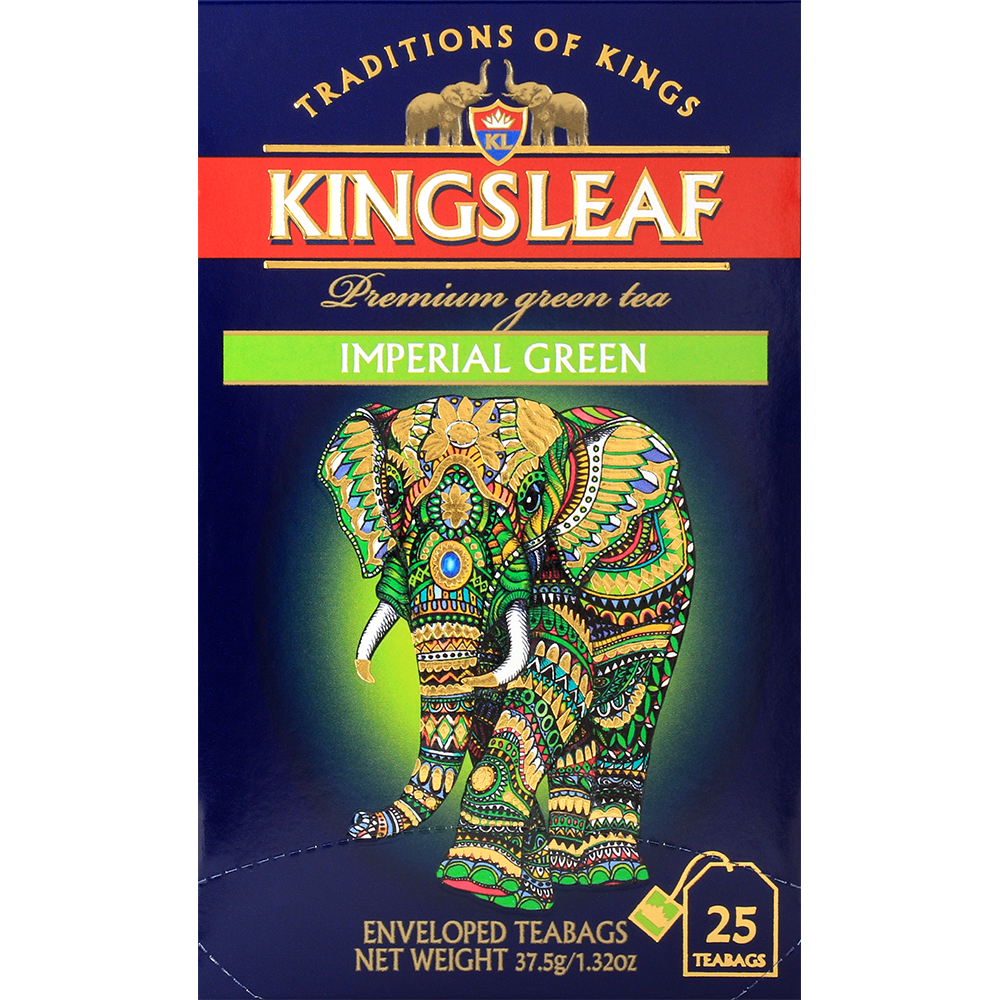 Przód opakowania Kingsleaf Imperial Green – zielona herbata w królewskim stylu z motywem słonia.