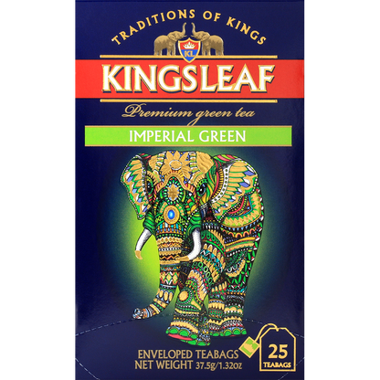 Przód opakowania Kingsleaf Imperial Green – zielona herbata w królewskim stylu z motywem słonia.