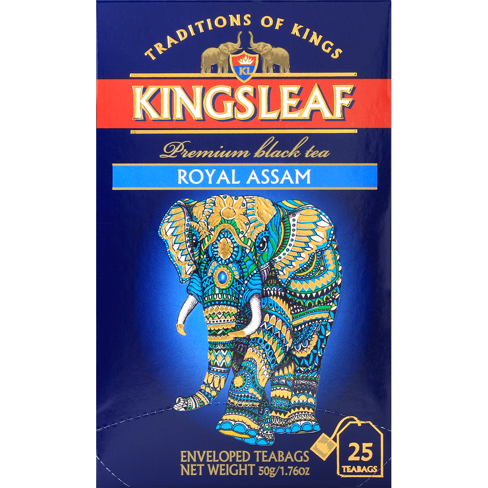 Front opakowania Kingsleaf Royal Assam z wyraźnym logo i motywem błękitnego słonia.