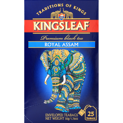 Front opakowania Kingsleaf Royal Assam z wyraźnym logo i motywem błękitnego słonia.