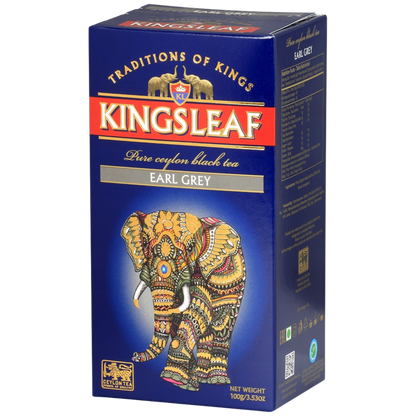 Granatowe opakowanie herbaty Kingsleaf Earl Grey 100 g z kolorowym słoniem na froncie.