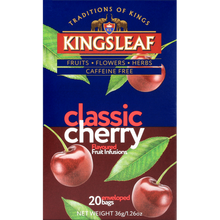 Pudełko herbaty Kingsleaf Classic Cherry z czerwonymi wiśniami i liśćmi – intensywnie owocowa herbata bez kofeiny.