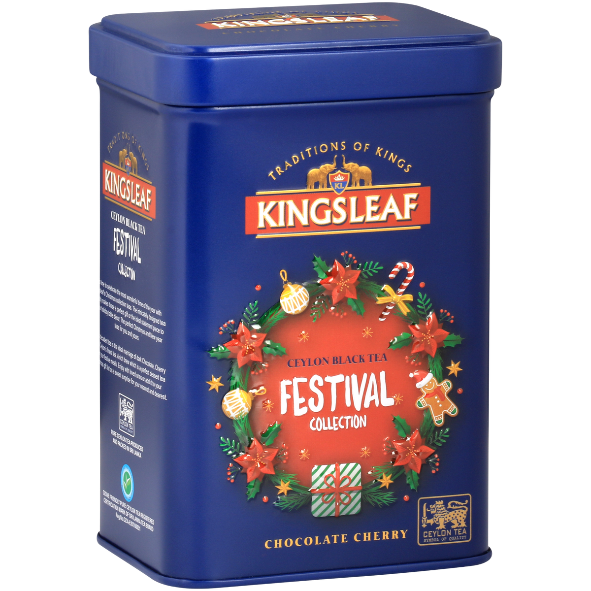 Kingsleaf Chocolate Cherry w ozdobnej puszce z girlandą, pierniczkiem i prezentami – aromatyczna herbata czarna Ceylon.