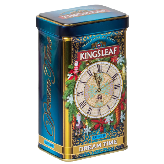 Kingsleaf Dream Time Saphire – ekskluzywna herbata cejlońska w dekoracyjnej puszce z motywem zegara.