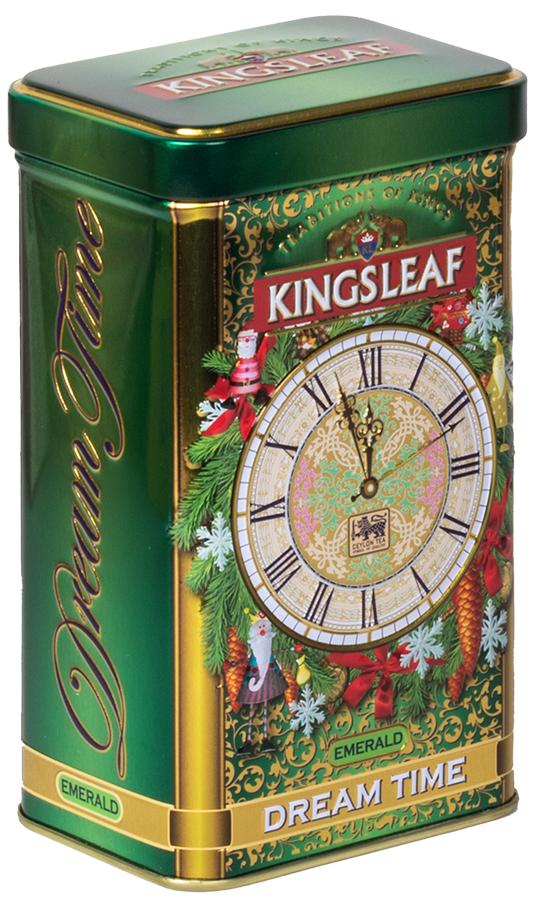 Kingsleaf Dream Time Emerald – luksusowa herbata cejlońska w ozdobnym opakowaniu z motywem zegara.