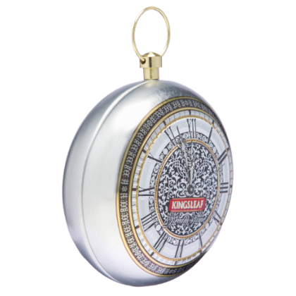 Metalowa puszka Kingsleaf Dream Time Silver w formie zegara kieszonkowego z uchwytem.