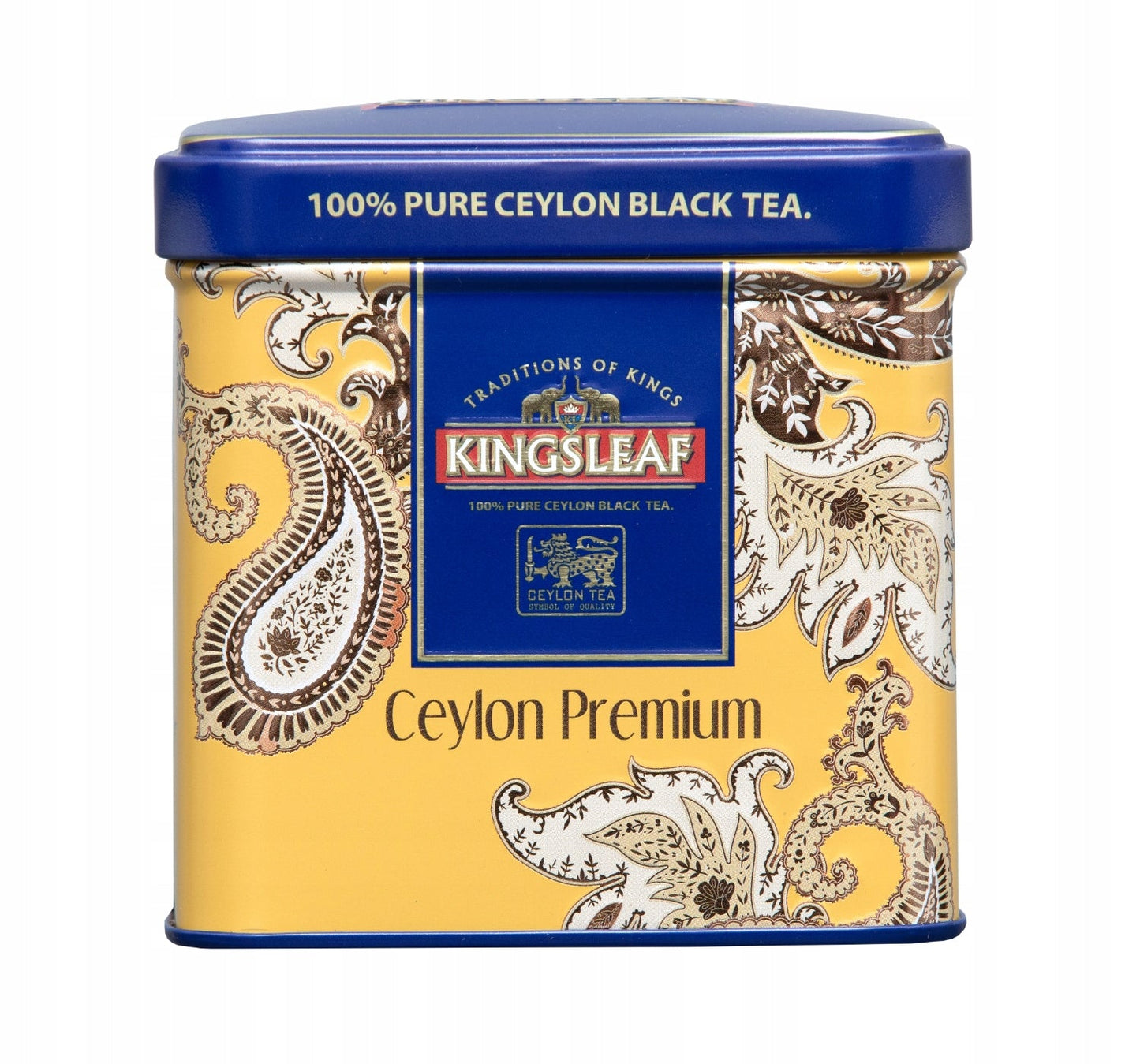 Czarna herbata Kingsleaf Ceylon Premium Gold w eleganckiej metalowej puszce widok z przodu
