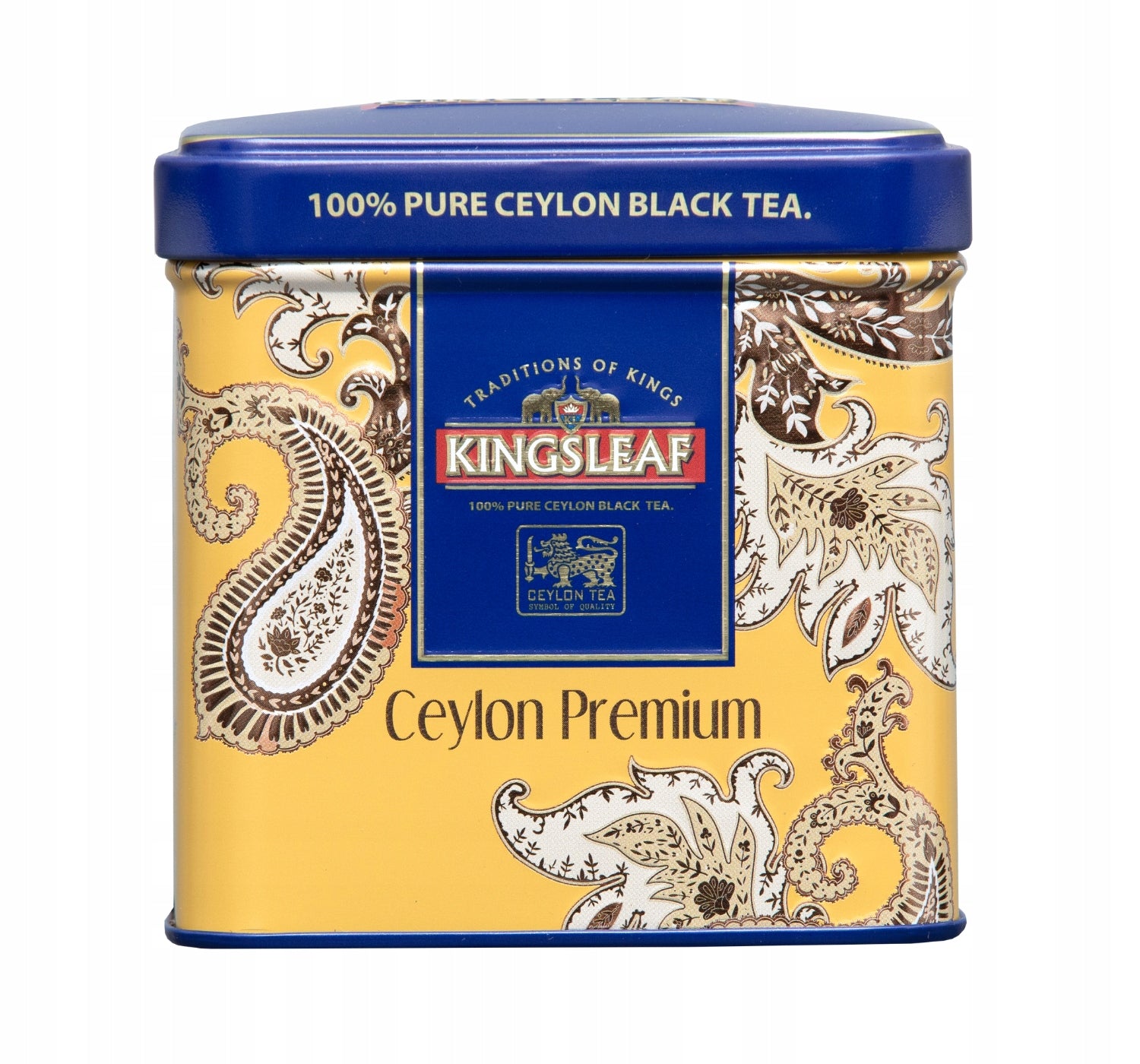 Czarna herbata Kingsleaf Ceylon Premium Gold w eleganckiej metalowej puszce widok z przodu
