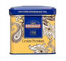 Czarna herbata Kingsleaf Ceylon Premium Gold w eleganckiej metalowej puszce widok z przodu
