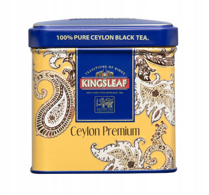 Czarna herbata Kingsleaf Ceylon Premium Gold w eleganckiej metalowej puszce widok z przodu

