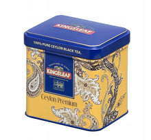 Herbata cejlońska Kingsleaf Ceylon Premium Gold puszka metalowa ujęcie pod kątem
