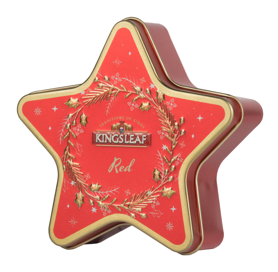 Herbata Kingsleaf Starlight Red w czerwonej puszce w kształcie gwiazdy, czarna herbata cejlońska premium.