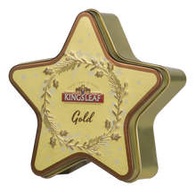 Herbata Kingsleaf Starlight Gold w złotej puszce w kształcie gwiazdy, czarna herbata cejlońska premium.