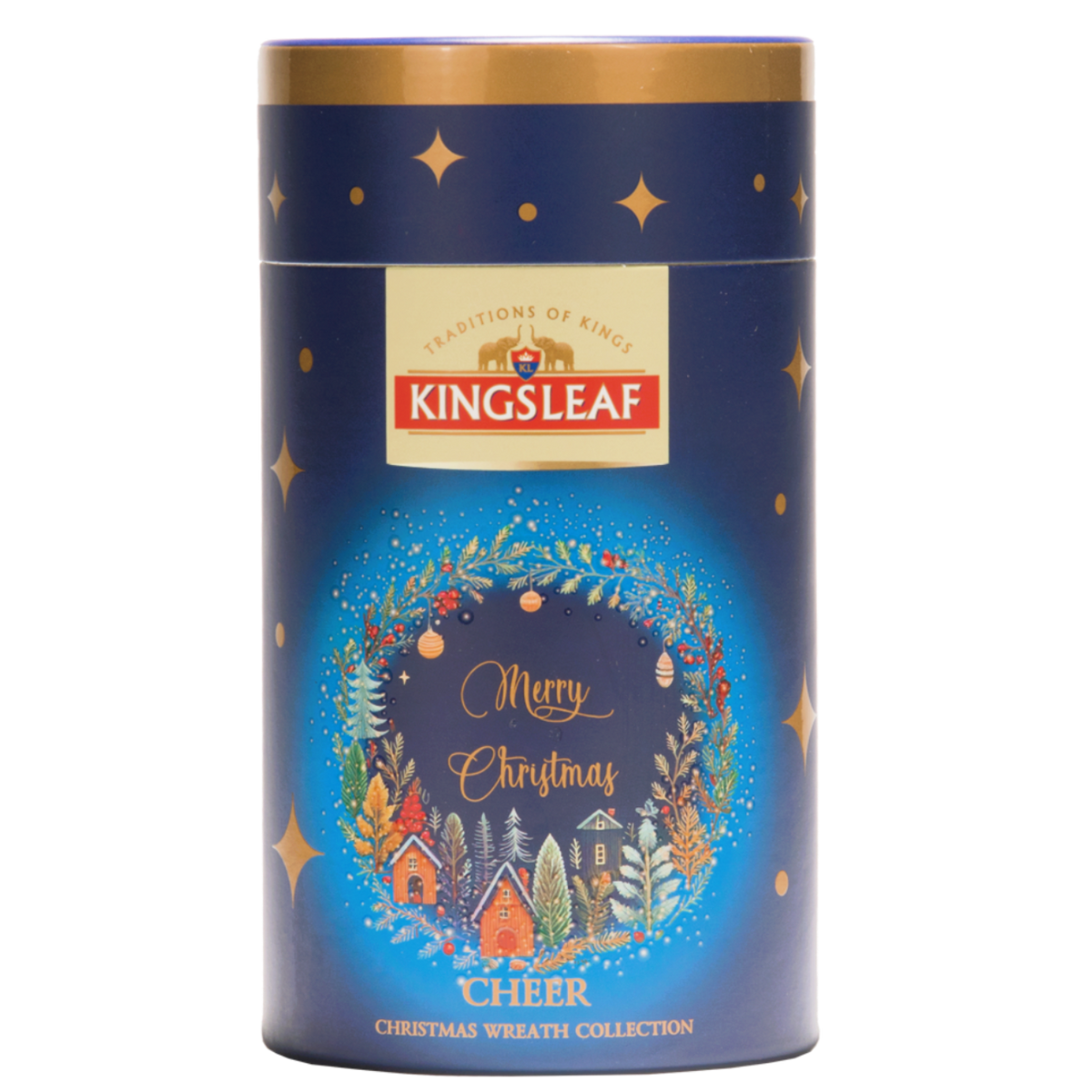 Granatowa tuba Kingsleaf Cheer z czarną herbatą liściastą z Cejlonu, świątecznym wieńcem i napisem Merry Christmas na froncie opakowania.