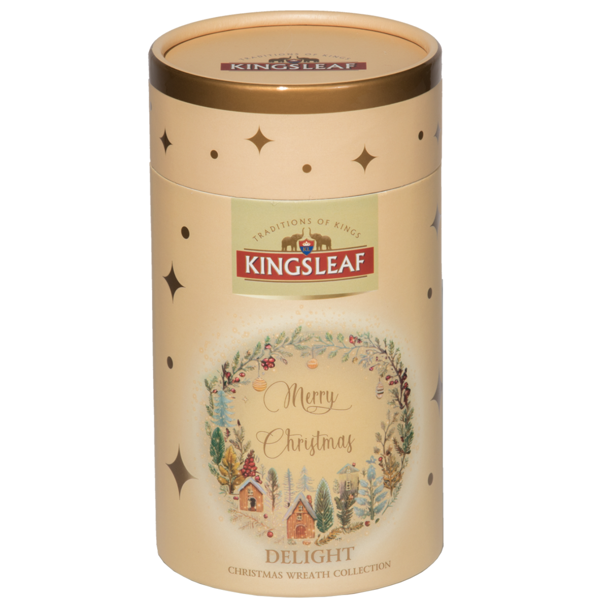 Kingsleaf Delight herbata czarna cejlońska 50 g w eleganckiej kremowej tubie z motywem świątecznego wieńca.