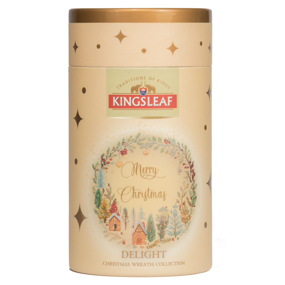 Czarna herbata liściasta Kingsleaf Delight z dodatkiem kawy, cynamonu i miodu w ozdobnym opakowaniu premium.