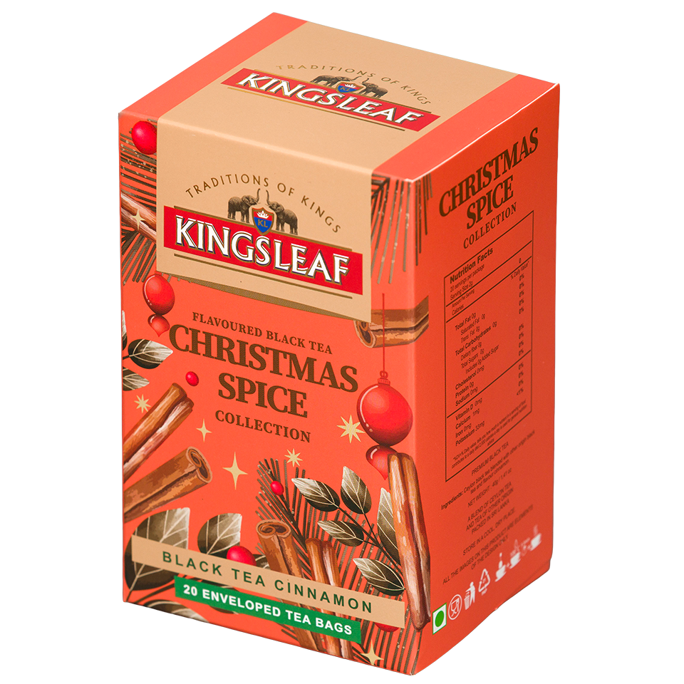 Herbata Kingsleaf Christmas Spice Cinnamon w pomarańczowym opakowaniu, czarna herbata z cynamonem