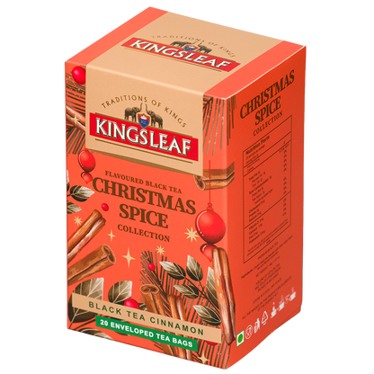 Herbata Kingsleaf Christmas Spice Cinnamon w pomarańczowym opakowaniu, czarna herbata z cynamonem