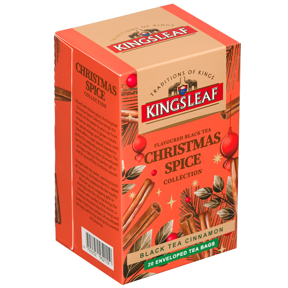 Opakowanie herbaty Kingsleaf Christmas Spice Cinnamon, czarna herbata z cynamonem w 20 kopertach