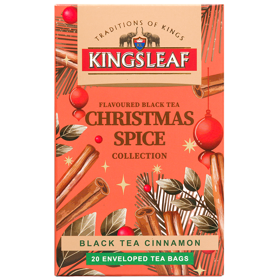 Herbata czarna Kingsleaf Christmas Spice Cinnamon w kopertach, świąteczne opakowanie 20 saszetek
