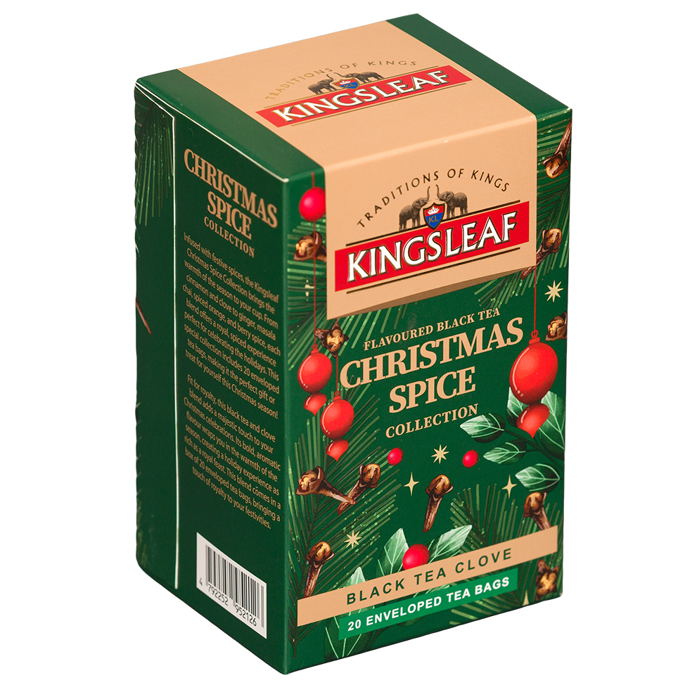 Herbata Kingsleaf Christmas Spice Clove w zielonym opakowaniu, czarna herbata z goździkiem w kopertach.